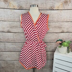 SERRA XL Red White Striped Sleeveless Wrap Top Blouse Orange Trim